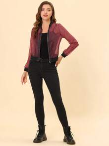 Women's Mesh Sheer Jacket See Through Long Sleeve Zip Up Bomber Jacket - Red - View 5