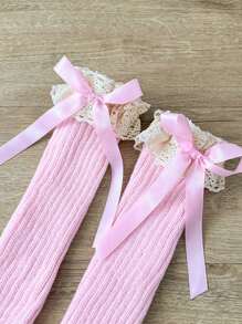Fashion Retro Girls Ruffle Bow Knitted Long Sock, Warm Leg Warmers, Spring Autumn
