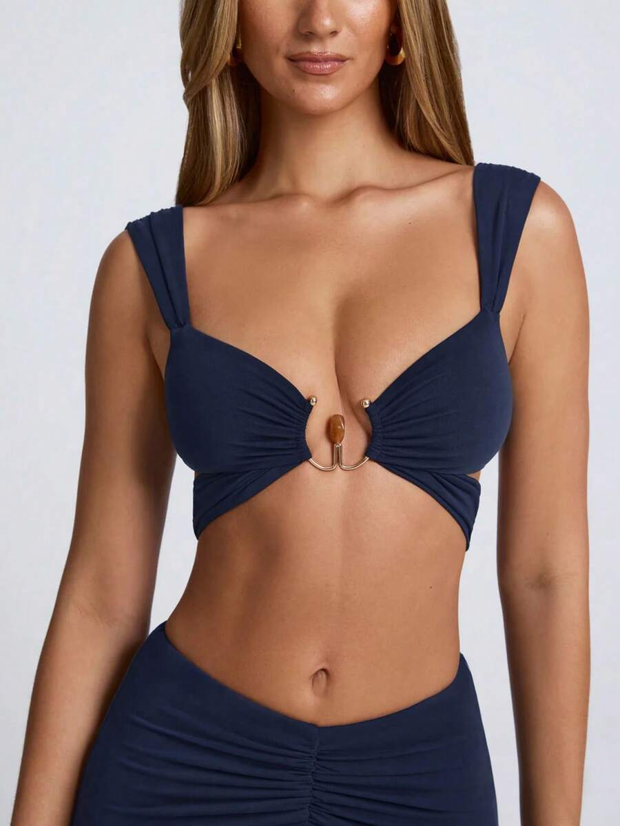 Women Elegant Sexy Hardware Detail Cut-Out Slim Fit Ruched V-Neck Crop Top - Màu xanh hải quân - Xem 1