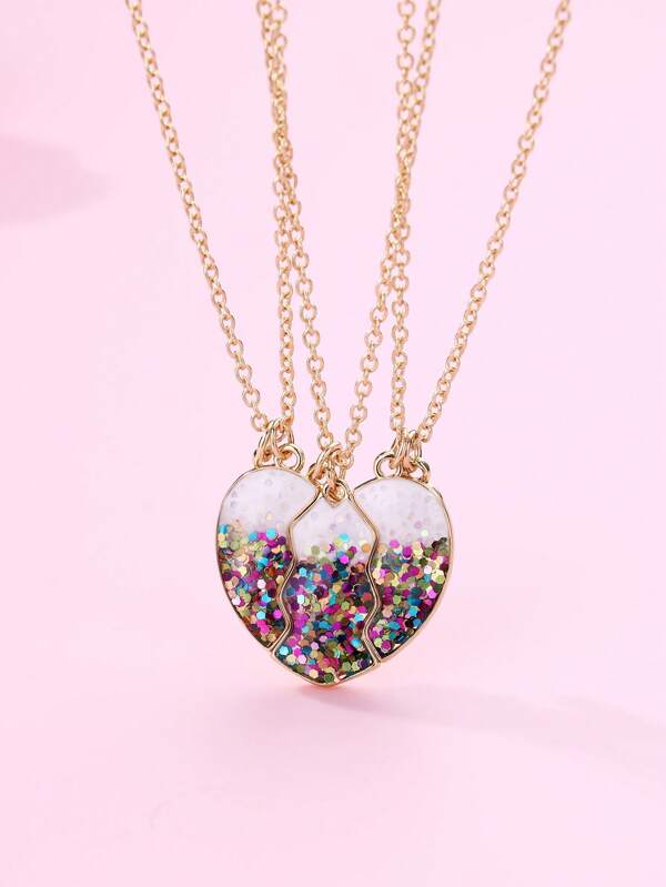 3pcs/Set Girls' Zinc Alloy Triple Petal Heart Shape Enamel Magnetic Necklace Set, Suitable For Daily Wear And Matching With Best Friends
