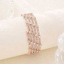 Fashionable 5 Row Gold-Color Crystal Studded Open Cuff Bracelet Multi-Layer Twist Bangle - Gold - View 3