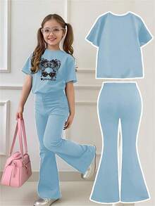 2 件女童休闲卡通图案宽松短袖 T 恤和喇叭裤套装，适合春夏季 - 藍色 - 查看 4