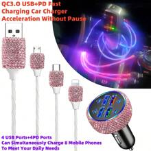 1 pièce Chargeur de voiture 2-en-1/8-en-1 avec strass, câble de charge 3-en-1 avec strass, charge rapide, Type C, USB, adaptateur de voiture, compatible avec Apple, téléphone, caméra de tableau de bord, iPad, GPS, cadeau pour les vacances/anniversaire
