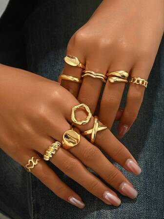 10 Piece Set Of European And American Jewelry, Niche Design, Geometric Curved Ring, Articulated Ring, Exaggerated Opening Set, Suitable For Women's Daily Wear