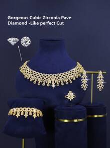 5pcs 18K Gold-Plated Luxury Royal Style Leaf & Flower Design Bridal Wedding Jewelry Set, Handset With White Cubic Zirconia, Including Necklace, Bracelet, Earrings, Ring, Suitable For Daily Wear Or Wedding, Wedding Anniversary Gift (Premium Gift Box Packaging) Complimentary