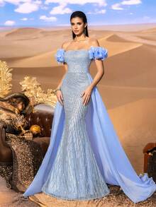 Faeriesty فستان سهرة أنيق وجذاب بأكتاف مكشوفة مزين بالخرز مع أكمام بتلات منتفخة - نسيج مطرز رقيق وبريق لامع للحفلات المسائية الفاخرة، حفلات السجادة الحمراء وحفلات الزفاف - أزرق فاتح اللون - مشاهدة 8