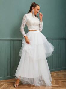 2pcs Set High Neck Long Sleeve Lace & Multi-Layered Tulle Design Maxi Wedding Bridal Dress