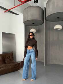 SQUALO Jeans de talle alto con efecto lavado azul y rasgados, sexy para salir de fiesta