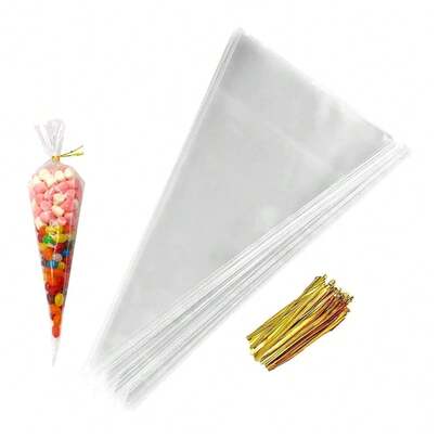 100/50 件锥形袋，25 X 13 厘米透明大提琴零食袋，带金色扭结，甜美透明玻璃纸袋，三角形糖果袋，用于派对糖果零食巧克力爆米花饼干