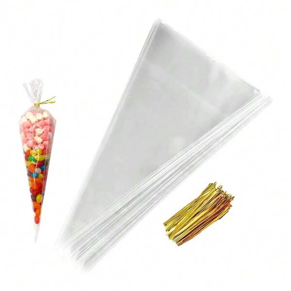 100/50Pcs Cone Bags, 25 X 13cm Clear Cello Treat Bags With Gold Twist Ties, Sweet Transparent Cellophane Bags, Triangle Goody Bag For Party Candy Snacks Chocolates Popcorn Cookies ﻿