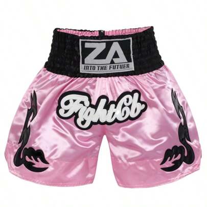 1pc Thai Boxing Fighting Training Adult Men Embroidery Shorts, Pink Color