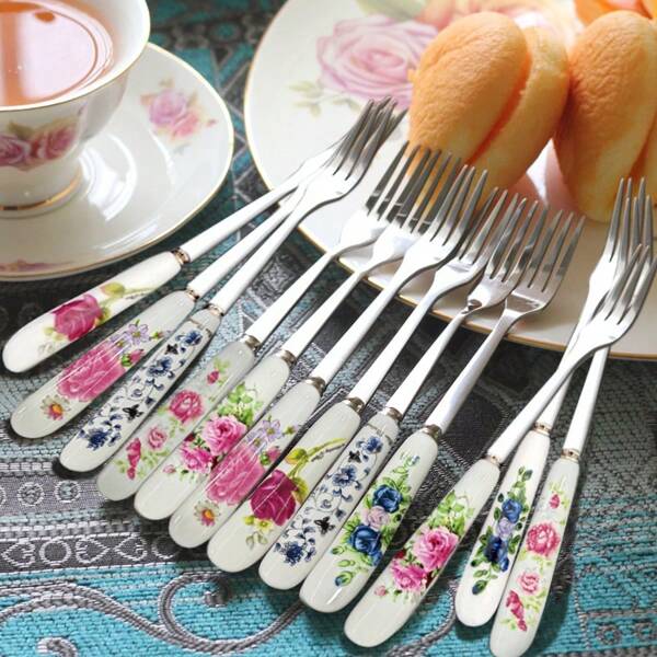 6/12 شوك من الفولاذ المقاوم للصدأ مزخرفة بمقابض خزفية، شوك صغيرة جميلة بتصاميم نباتية فريدة، شوك للحلويات والفواكه، مجموعة أدوات طعام، مناسبة للمطابخ المنزلية، المطاعم، وجبات الشاي بعد الظهر، مستلزمات المدرسة