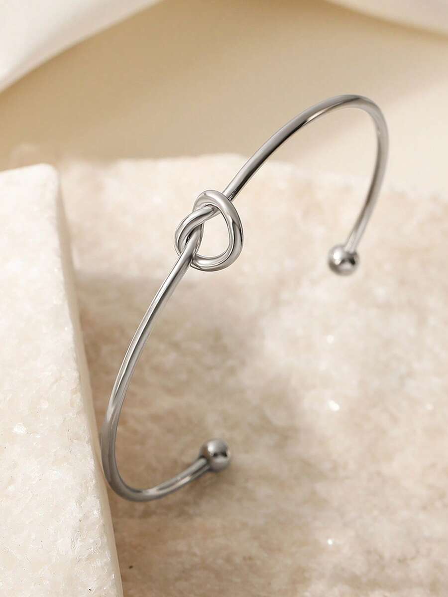 1pc Minimalist Knotted Heart Shaped Adjustable Bangle Bracelet, Versatile European Style Silver-Tone Gift For Women Everyday & Holidays - Silver - View 1