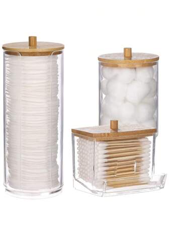1 Stück/3-teiliger kugelförmiger Spender, runde Matte, transparentes Plastikflaschenset mit Zahnseide, Aufbewahrungsbox für Badezimmerdosen, Kosmetik-Organizer für den Schminktisch mit Holzdeckel, für Urlaub und Strand, Badezimmerkollektion, Schlafzimmerkollektion, großes Fassungsvermögen