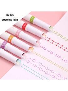6pcs/Set Colored Curve Pens Highlighter Sets, Different Colors With 6 Different Curve Shape Fine Lines, Pens For Note Taking,Pens For Teen Kids Writing Journaling Drawing Scrapbook Back To School