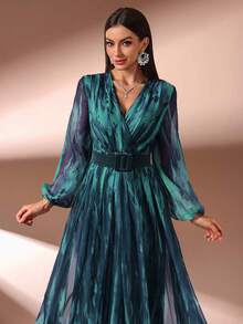 Women V-Neck Simple Everyday Net Yarn Long Sleeve Long Dress (Random Pattern Cut) - Blue Power - View 5