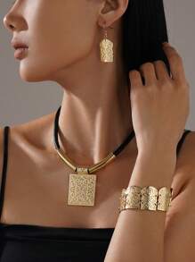 3 pièces/Set Collier rectangulaire géométrique, ensemble de bijoux Bracelet et Boucles d'oreilles, accessoires de mode exagérés de couleur or pour femmes, pour porter lors de soirées et de banquets