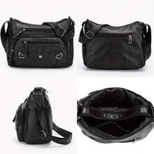 [Bolso bandolera ligero con cremallera] Elegante bolso bandolera de mujer con múltiples bolsillos, bolso de hombro de piel sintética, de unicolor ligero con correa ajustable, cierre con cremallera, forro de poliéster, bordes pintados, para uso diario y ocasiones - disponible en negro, gris, rojo, marrón claro