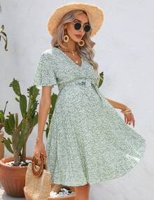 Women's Maternity Pleated Short Sleeve Wrap V Neck Summer Midi Dress Casual Nursing Dress Baby Shower Photoshoot Belt - 淺綠碎花 - 查看 5