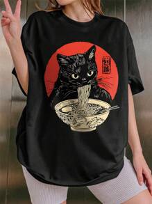 Tween Girls' Casual Cat Print Round Neck Short Sleeve T-Shirt, Summer