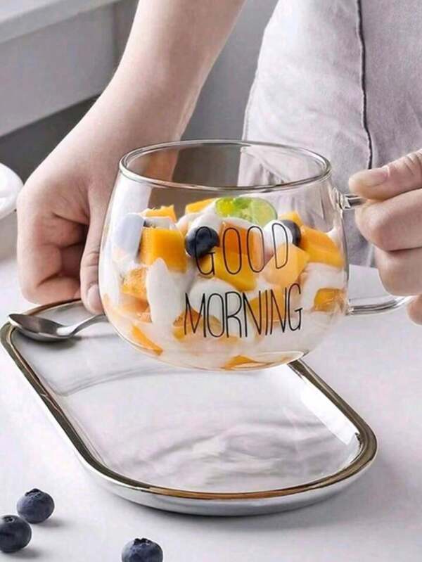 Großer, weitlumiger Glas Frühstücksschale Becher mit Griff und "Guten Morgen" Aufdruck - Klares, hitzebeständiges Borosilikatglas, ideal für Getreide, Haferbrei, Joghurt Parfait, Suppe, Latte, Obstsalat - Modernes, minimalistisches Design Geschirr, fröhliches Küchenudtensil & einzigartiges Getränke-/Servier-Geschenkidee für den täglichen Gebrauch