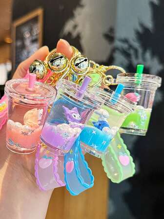 Sanrio 1pc Kuromi Milk Tea Cup Liquid Quicksand Keychain, Cute Kawaii Girly Backpack Charm Pendant, Party Gift, Birthday Present