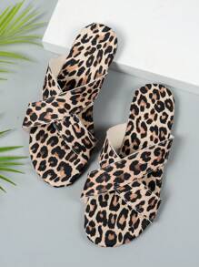 Women Yellow Flat Sole X-Cross Shoes, Sandals Summer Simple Leopard Pattern Wraparound, Slip-On Party Work Outdoor Open-Toe Beach