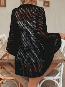 Women's Lightweight Hollow Out Summer Cardigan, Beach/Vacation Style Fashion Knit Sweater Jacket Black Spring - Black - View 2