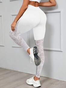 Women High Waisted Geometric Mesh Patchwork Yoga Pants, Women's Elastic Tight Exercise Leggings, Breathable Geometric Mesh Patchwork Fitness Base Layer Pants