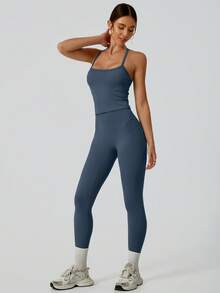 NcmRyu 1 Set Women's Blue Fashionable Halter Waist-Cinching Butt-Lifting Running Workout Sportswear Set - Blue - View 3