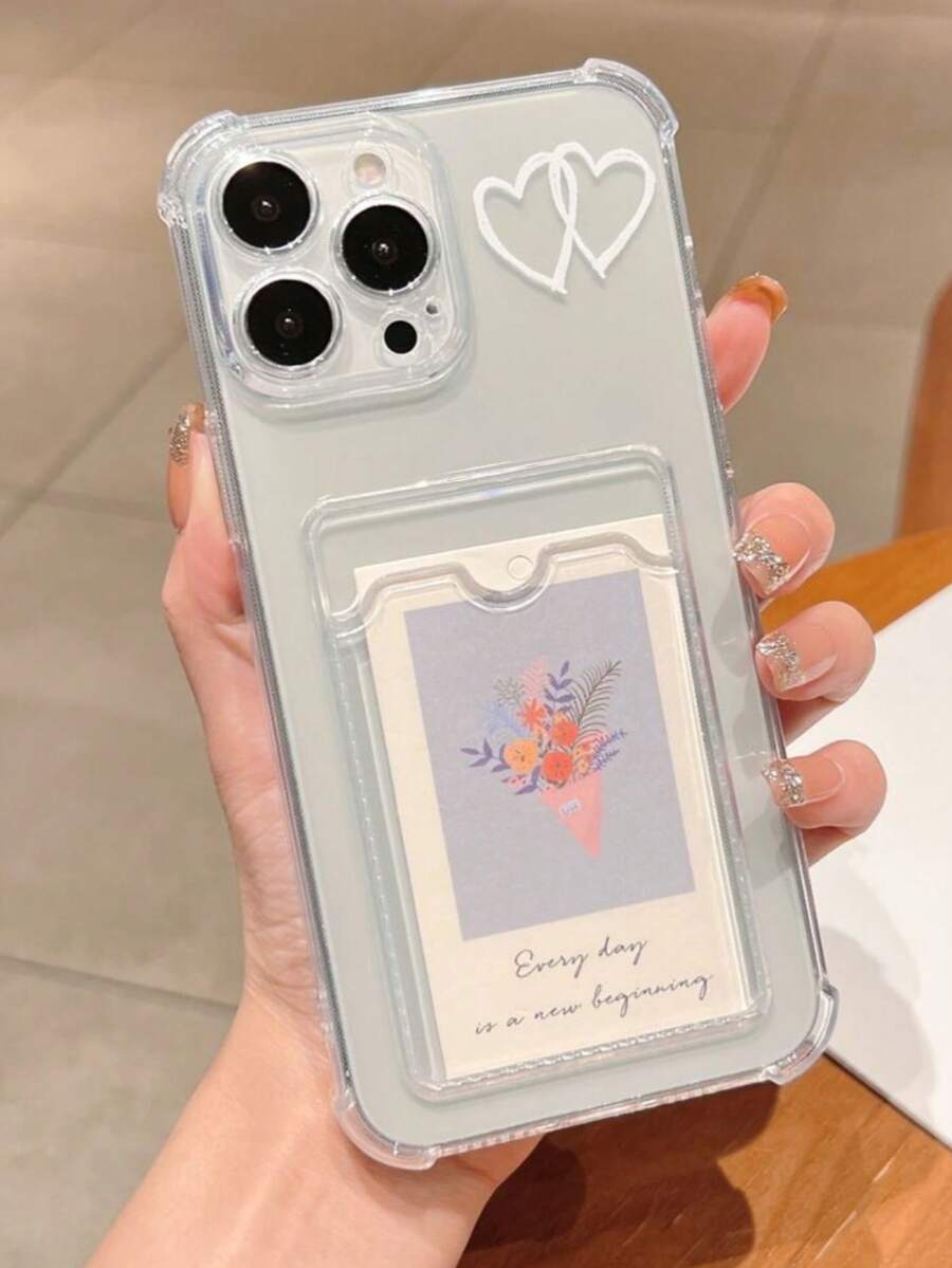 Shockproof Heart Element Fashion Transparent Card Holder Pocket 1pc Airbag Anti-Fall Heart Pattern Phone Case Compatible With Iphone 17/17 Air/17 Pro Max, 16/16 Pro/15/15 Pro/15 Pro Max/14/14 Pro Max/13/11/XR, Soft Protective Cover Spring Birthday Gift