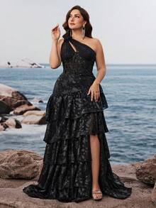 Vestido largo elegante y lujoso para mujer, talla grande, hecho a mano con bordado de flores 3D y lentejuelas en el hombro en diagonal, con abertura lateral y tirantes ajustables, adecuado para diferentes tipos de Body, que hace que las mujeres se vean talla grande jóvenes y encantadoras, apropiado para fiestas, graduaciones, bodas, eventos y diversos banquetes y fiestas de baile, vestido de fiesta formal, vestido de invitada de boda, vestido de noche (edición de lujo) - Negro - Ver 3