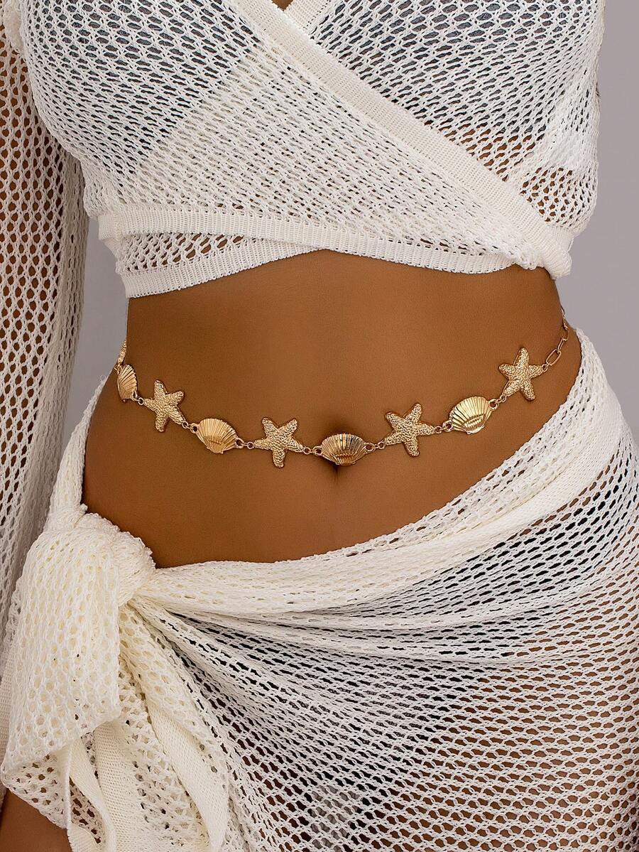 1pc Gold-Plated Shell & Starfish Waist Chain, Vacation Beach Style Body Chain Accessory, Exaggerated Sexy Ocean Element Waist Ornament - Gold - View 1