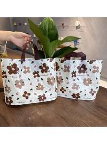 20/50pcs, Mocha Colored Floral Print Tote Bag - Thick, Waterproof, And Reusable With A Pink Handle - Perfect For Retail Displays, Clothing Stores, Jewelry And Clothing Shopping, Daily Handheld Use, Cute Floral Print Pattern, Gift Bag