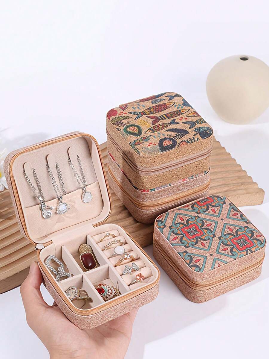 1/5pcs Printed Jewelry Box, Small PU Leather Travel Jewelry Storage Box, Double-Layer Portable Mini Jewelry Display And Storage Box, Multifunctional Jewelry Storage Box, Zipper Convenient Jewelry Bag, Essential For Travel And Home, Suitable For Earrings, Rings, Necklaces, Bracelets, Nail Art, Women's Day Gifts, Christmas Gifts, Halloween Gifts, Women's Gifts,For Holiday Beach, Bathroom Collection, Bedroom Collection, Large Capacity