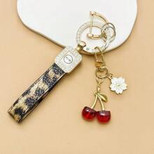 TTOBS 1pc Exquisitely Crafted Leopard Print Leather Car Key Chain With Adorable Cherry Pendant - , Fashionable And Multi-Functional Backpack Keychain - The Perfect Accessory For Backpacks. The Perfect Valentine's Day Gift, Also An Ideal Gift For Your Beloved Girlfriend.