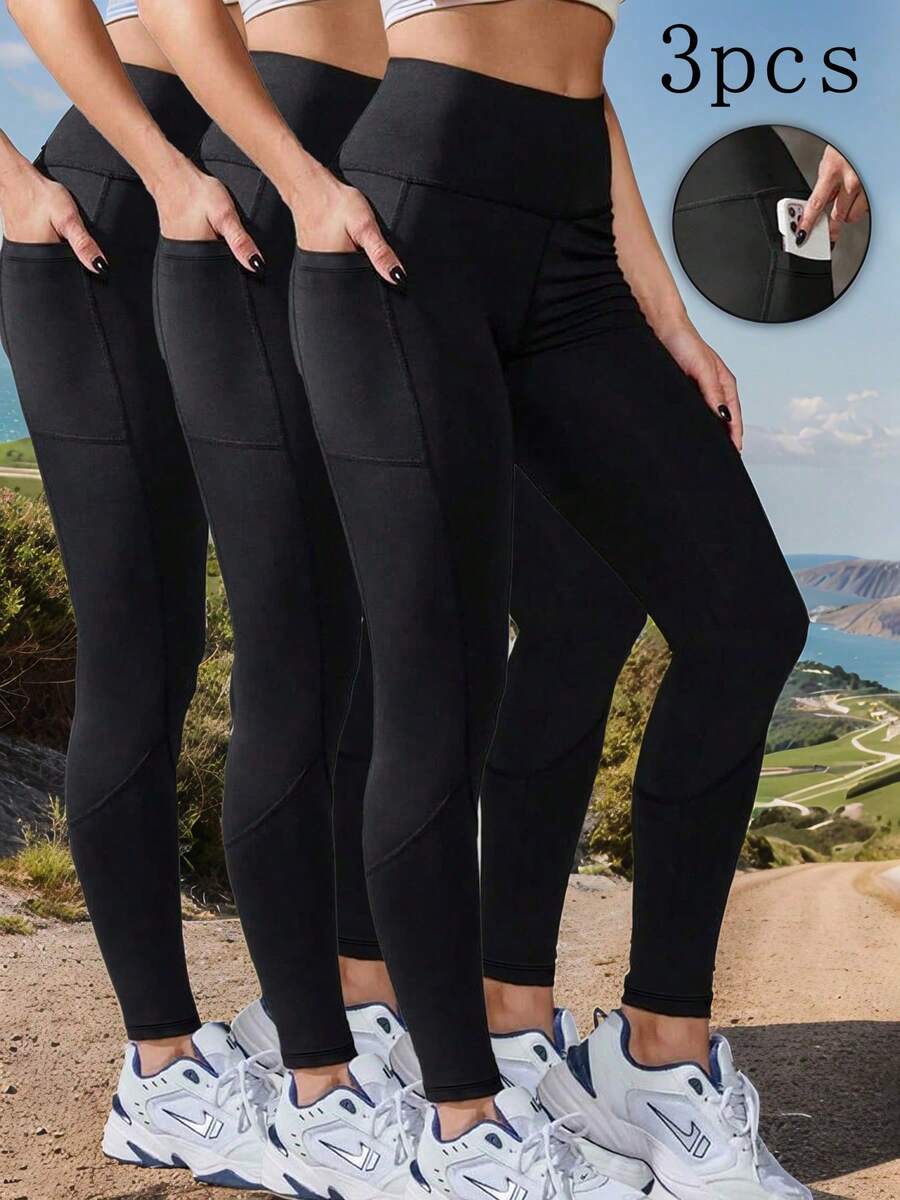 Bộ 3 quần legging yoga cạp cao có túi dành cho nữ, giúp kiểm soát vòng bụng và nâng mông, quần bó sát thể thao ngoài trời màu đen mùa xuân. - màu đen - Xem 1