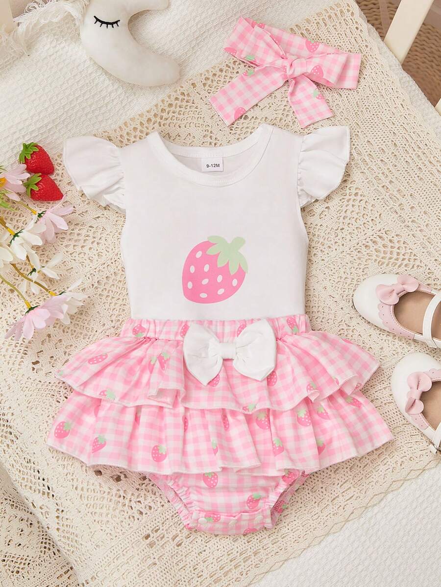 2 piezas Conjunto de niña bebé con camiseta de manga corta con estampado de fresa y falda a cuadros a juego con diadema de lazo, estilo dulce para verano, jardín de infancia, parque, sesión de fotos - Rosa Pálido - Ver 1