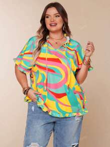 Plus Size Women Casual Holiday Multicolor Graphic Print Tie V-Neck Ruffle Trim Summer Tops