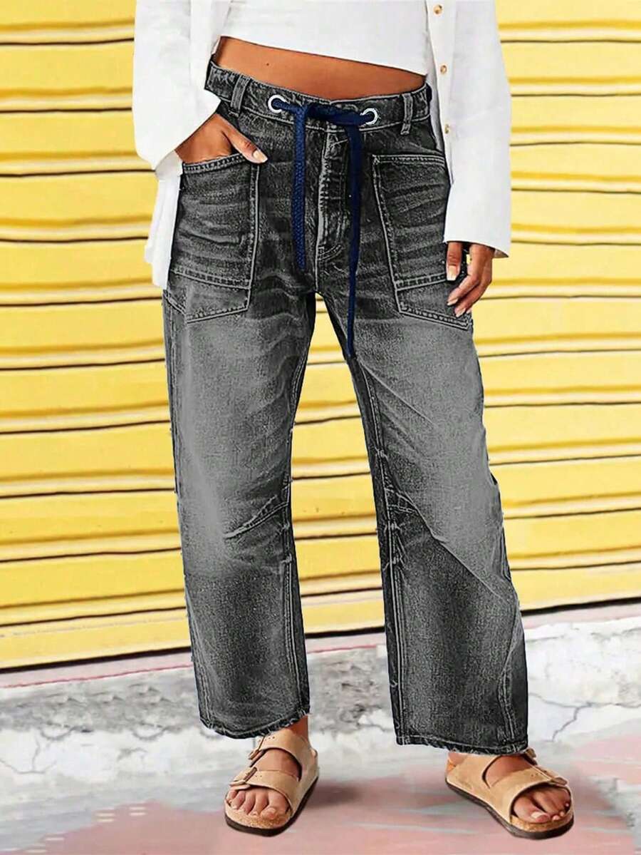Women's Front Tie Pocket Simple Jeans For Daily Casual - Grey - View 1