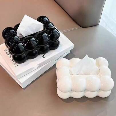 1pc Plastic Tissue Box For Dining Table Decoration, Modern Design Living Room Desktop Decor Paper Napkin Dispenser, Cute White & Black Plastic Tissue Organizer For Home And Hotel