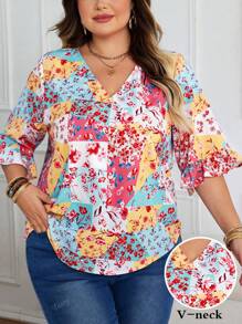 Plus Size Women Ditsy Floral V-Neck Short Sleeve Casual Ruffle Hem Blouse Top