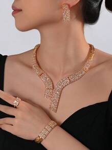 Parure de bijoux européenne et américaine de 4 pièces avec zirconium cubique vert : collier, boucles d'oreilles, bague, bracelet - convient pour la robe de mariée du Moyen-Orient, la mariée de Dubaï, la robe de soirée arabe