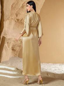 New Style Champagne Color Contrast Lace Handmade Beaded Arabic Evening Dress