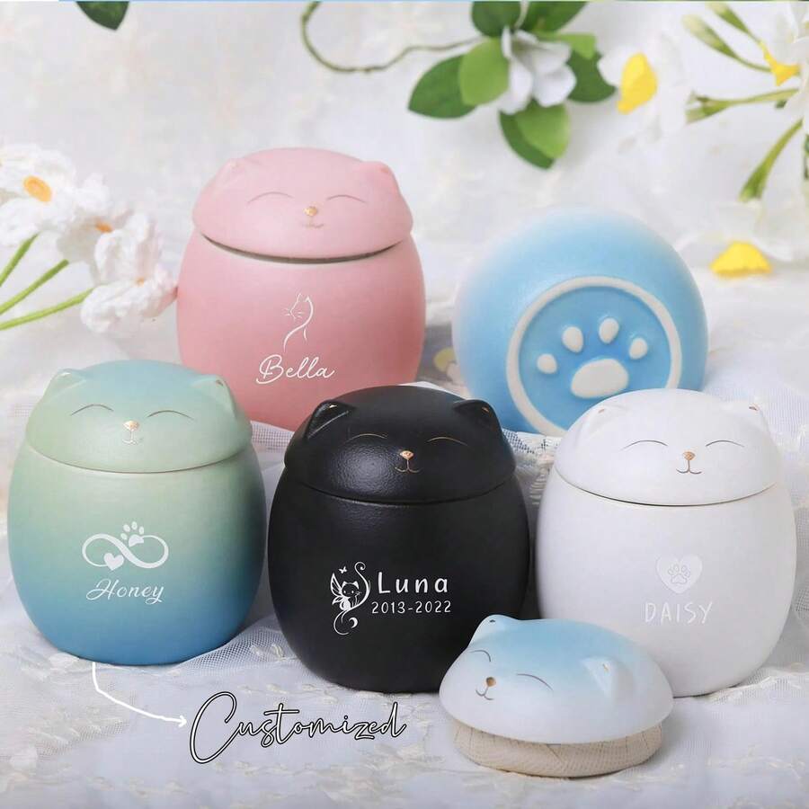 Moderne Haustierkremationsurne für Katzen - eleganter Keramikaschebehälter mit eingraviertem Namen & Datum, Memorial-Andenkenurne, durchdachtes Geschenk für Haustier-Verlust