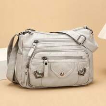 [Bolso bandolera ligero con cremallera] Elegante bolso bandolera de mujer con múltiples bolsillos, bolso de hombro de piel sintética, de unicolor ligero con correa ajustable, cierre con cremallera, forro de poliéster, bordes pintados, para uso diario y ocasiones - disponible en negro, gris, rojo, marrón claro