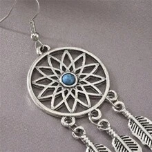 1 Pair Turquoise Leaf Pendant Earrings, Vintage Silver Turquoise Feather Dreamcatcher Pendant Necklace, Family Friend Gift, Metal