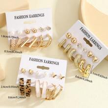 6-18pcs/Set Fashion Simple Versatile European & American Style Golden Metal Faux Pearl Heart Rhinestone Earrings Set, Suitable For Parties, Gatherings, Daily Wear, And Holiday Gifts