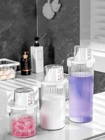 1pc Premium Thickened Plastic Airtight Laundry Detergent Storage Container With Measuring Cup - Double Moisture-Proof Lock Lid, Clear Controlled-Pour Design For Powder & Liquid, Large Wide-Mouth Household Utility Organizer,Bathroom Storage, Toilet Decoration, Bathroom Storage Jar