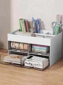 1 pieza Caja de almacenamiento para escritorio de oficina con 2/4 cajones, organizador de escritorio para papelería, estuche para lápices, contenedor para útiles escolares, soporte para bolígrafos, ideal para escritorio, maquillaje, oficina, hogar y regreso a la escuela - Blanco - Ver 3